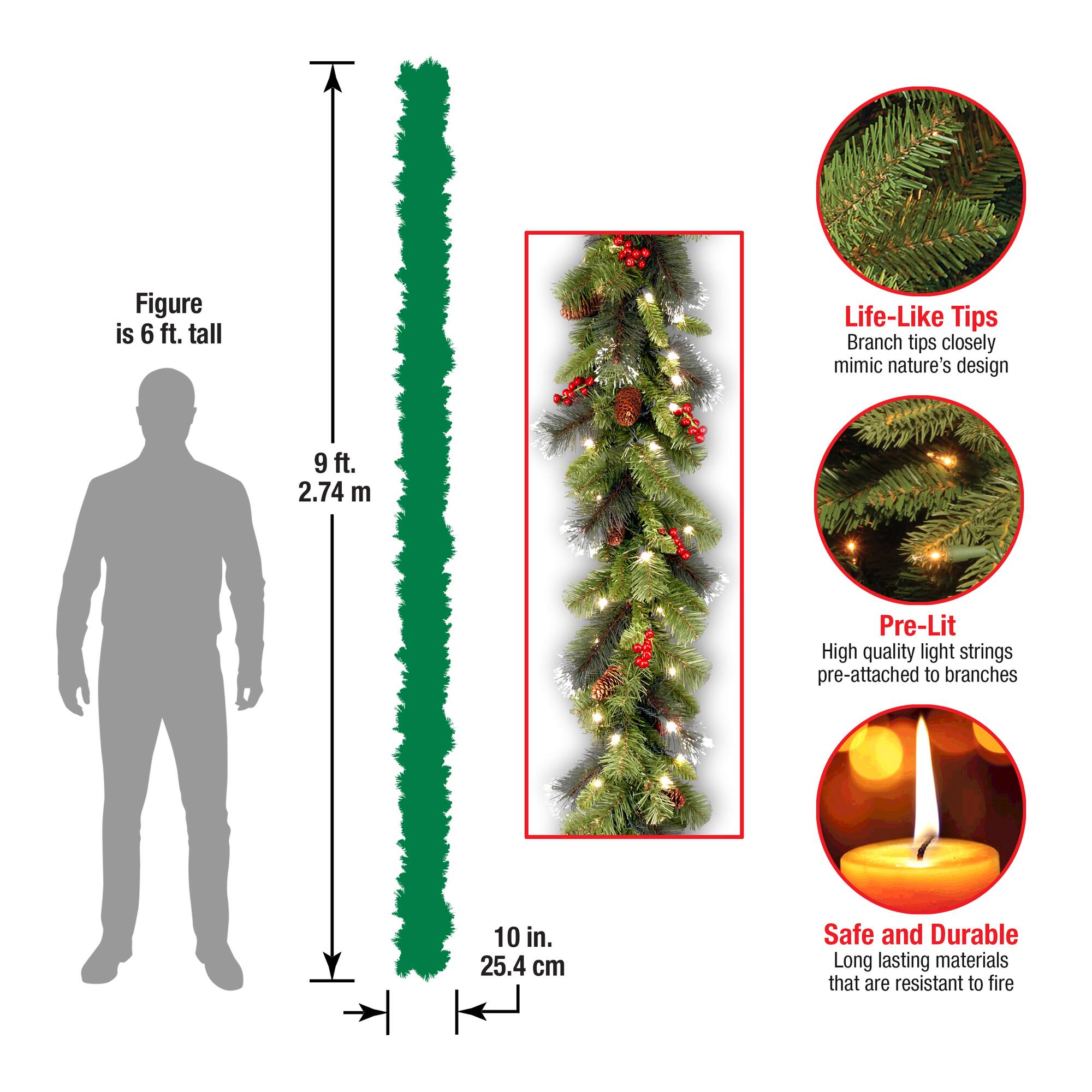 9' x 10" Pre-lit Crestwood® Spruce Artificial Christmas Garland with Silver Bristle, Cones, Red Berries and Glitter with 50 Battery Operated Soft White LED Lights